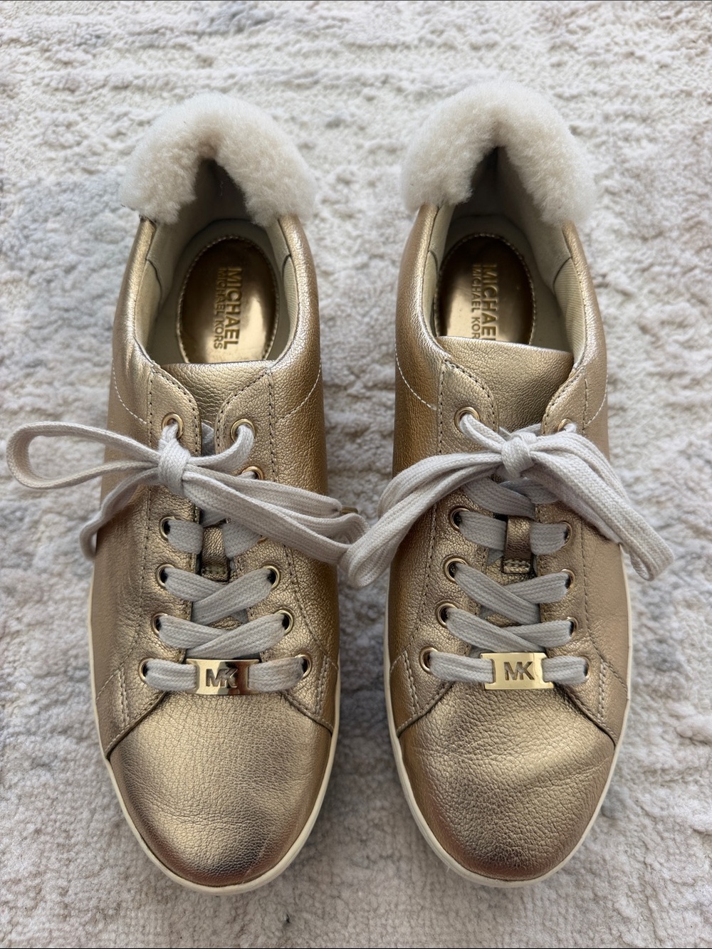 Michael Kors Metallic Gold Leather Sneakers with Shearling Collar